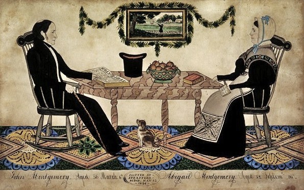 Jospeh H Davis (American artist, 1811-1865) John & Abigail Montgomery, 1836 Cat, Top Hat, Painting of Man Shooting,  Painted Table, Patterned Carpet