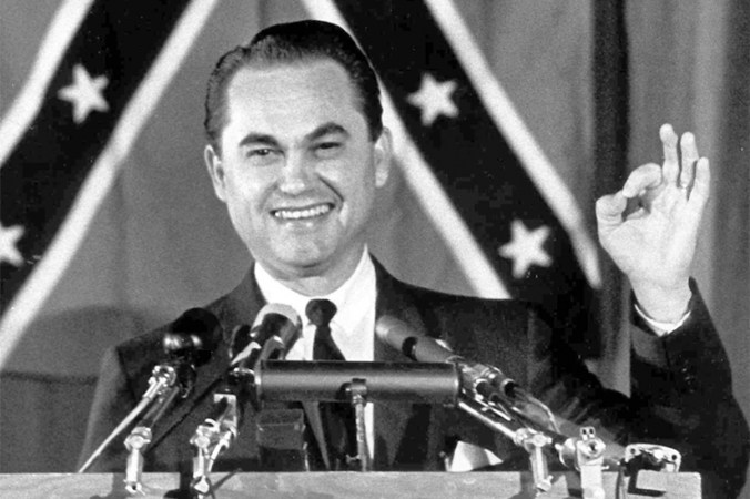 Alabama Gov. George C. Wallace is shown in this Oct. 19, 1964 photo speaking in Glen Burnie, Md. at a rally supporting Republican presidential candidate Sen. Barry Goldwater.  (AP Photo)