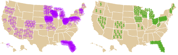 2004 Presidential Election: George W. Bush (R) vs John Kerry (D) Presidential or vice-presidential candidate visits in final 4 weeks (left) Million dollars spent on TV advertising in final 4 weeks (right) 