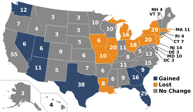 I voti elettorali degli stati nel 2016. Chi guadagna e chi perde dopo il censimento del 2010, in base agli spostamenti di popolazione.